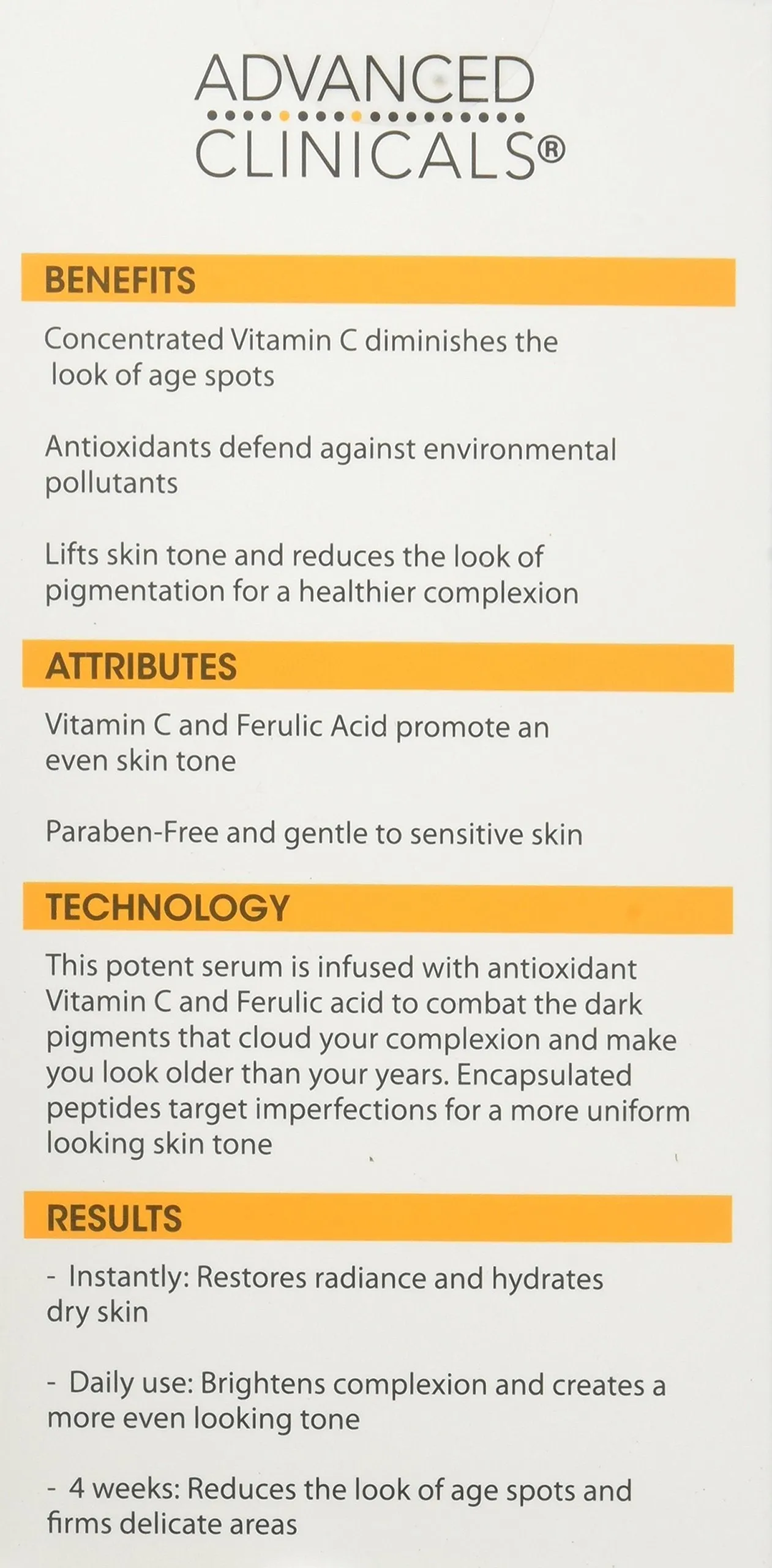 Advanced Clinicals Advanced Clinicals Vitamin C Anti-Aging Serum For Dark Spots, Uneven Skin Tone, Crows Feet And Expression Lines. 1.75 Fl Oz.