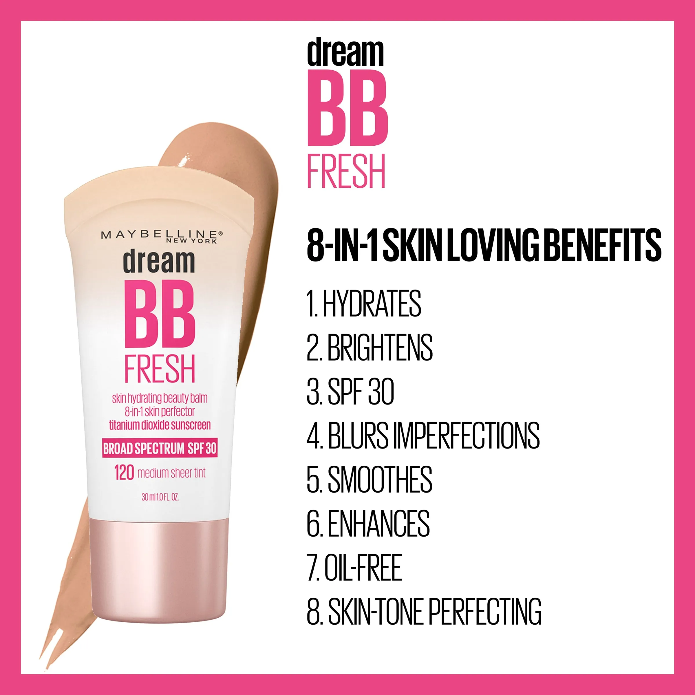 Maybelline Dream Fresh BB Cream 8 in 1 Skin Perfector, Medium, 1 fl oz Other 1 oz