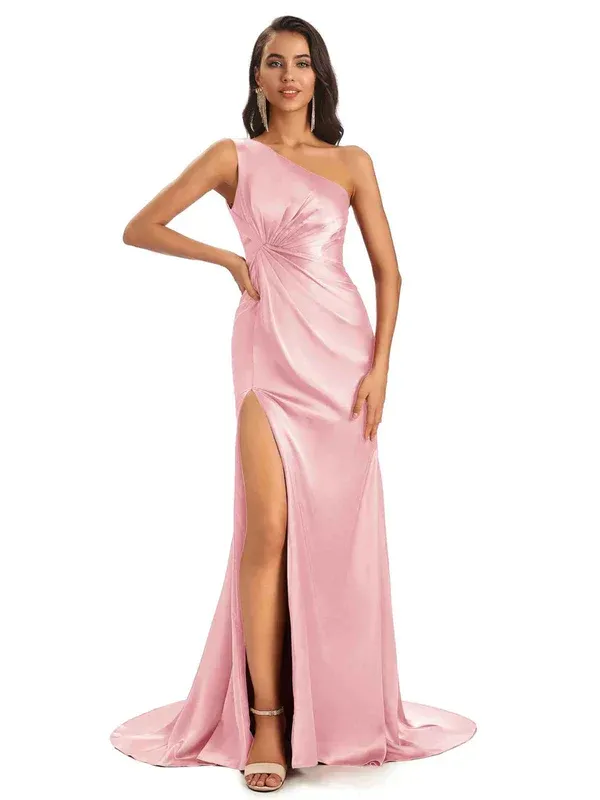 Mismatched Blush Sexy Mermaid Side Slit Soft Satin Long Bridesmaid Dresses Online