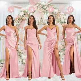 Mismatched Blush Sexy Mermaid Side Slit Soft Satin Long Bridesmaid Dresses Online